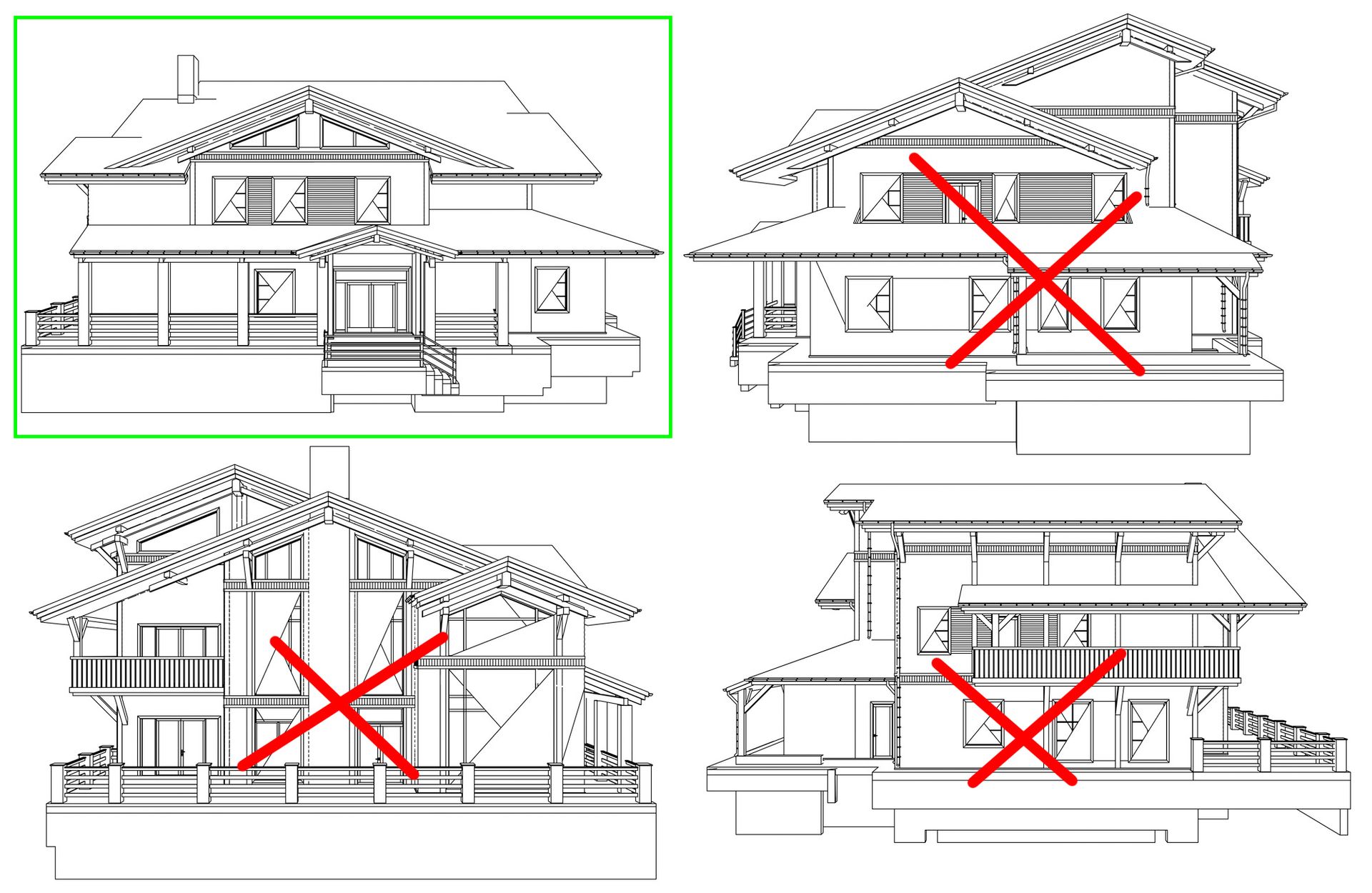 Architectural sketch with four elevations of a house