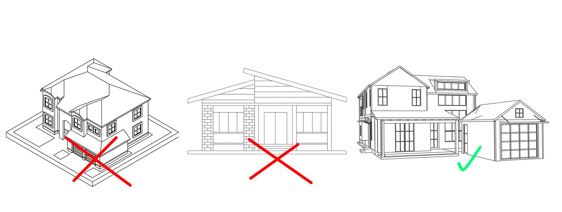 Three architectural sketches of houses in different perspectives