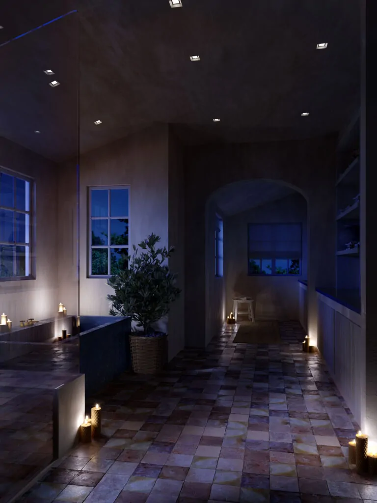 Manana master bath dusk light