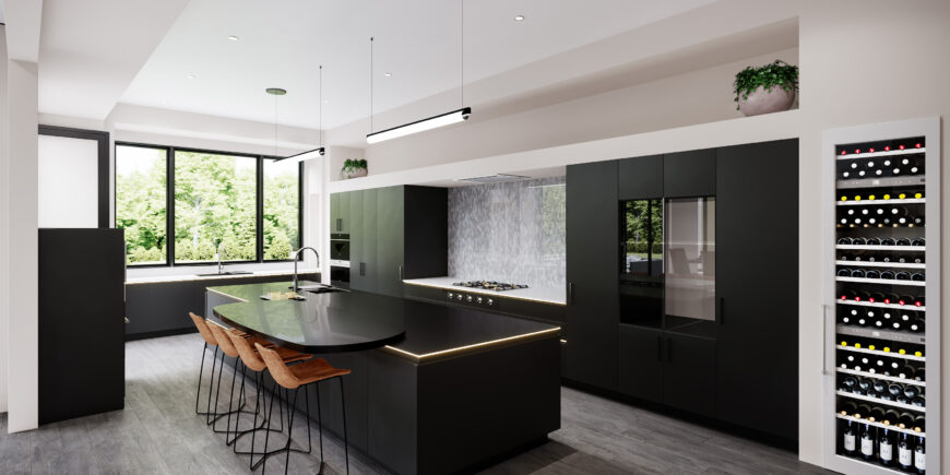 Black design kitchen 3D interior rendering