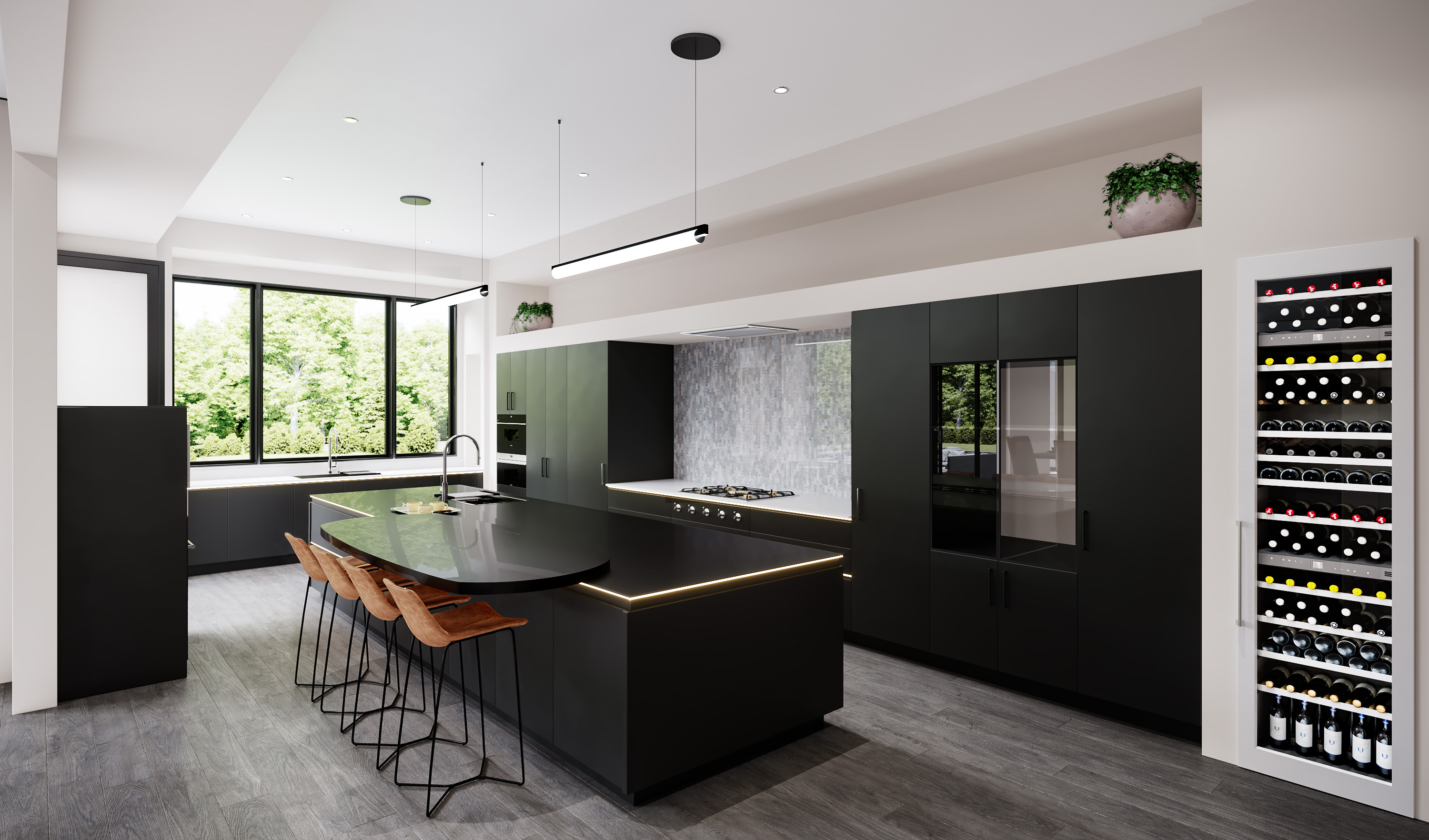 Black design kitchen 3D interior rendering