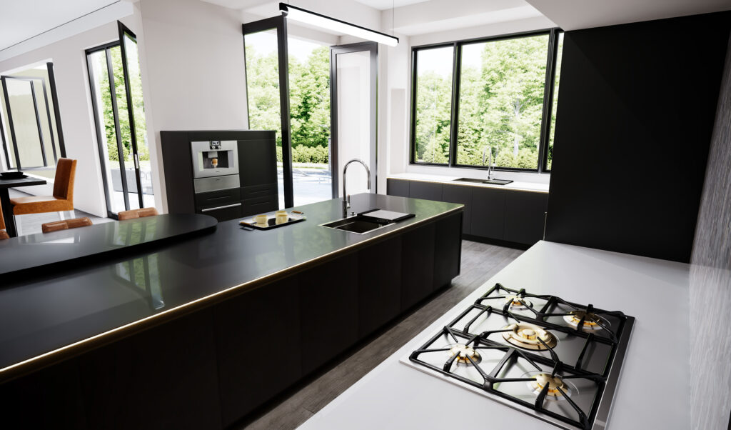 Black kitchen 3D interior rendering