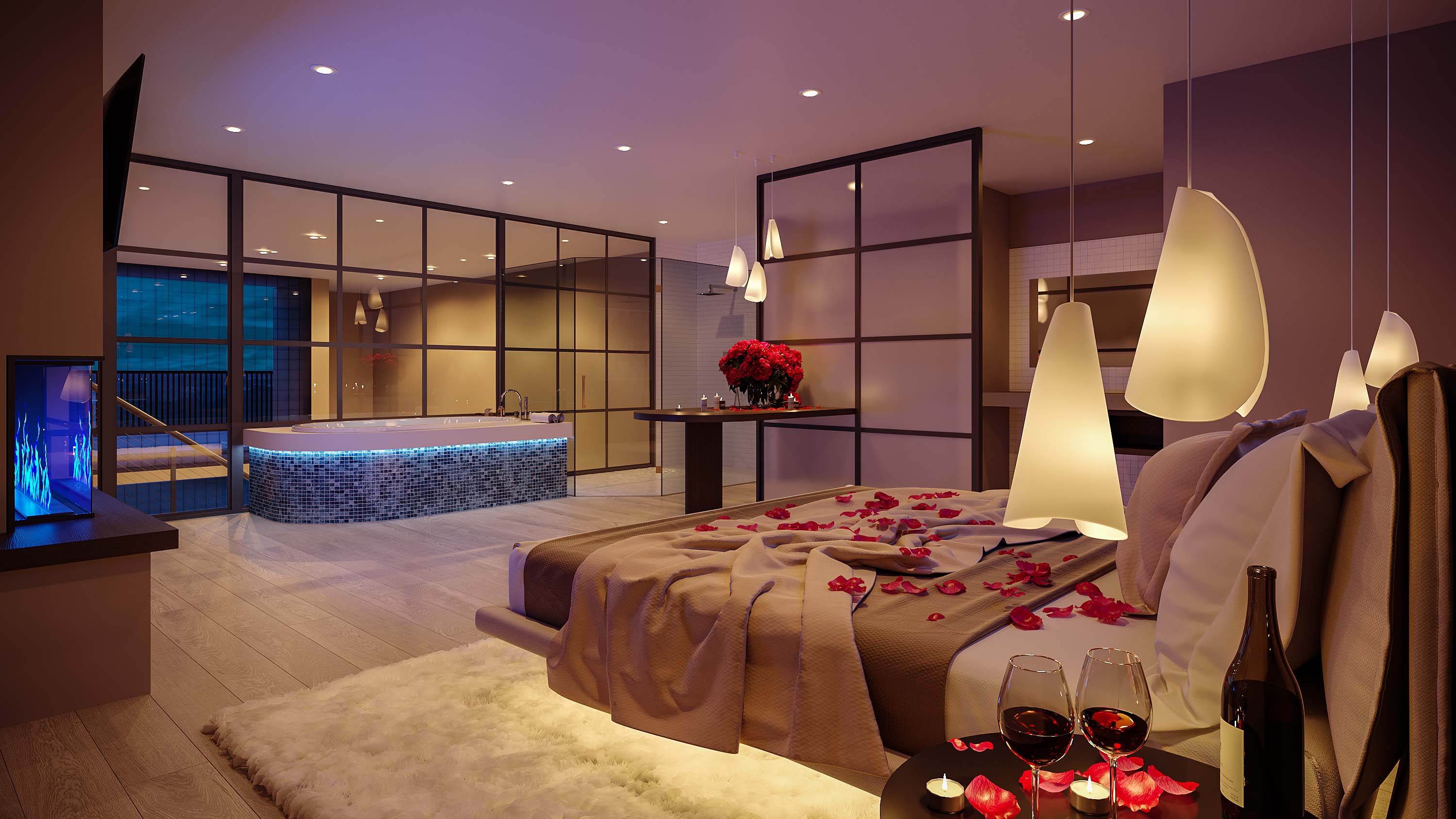 Cabana suites interiors bedroom night Applet3D
