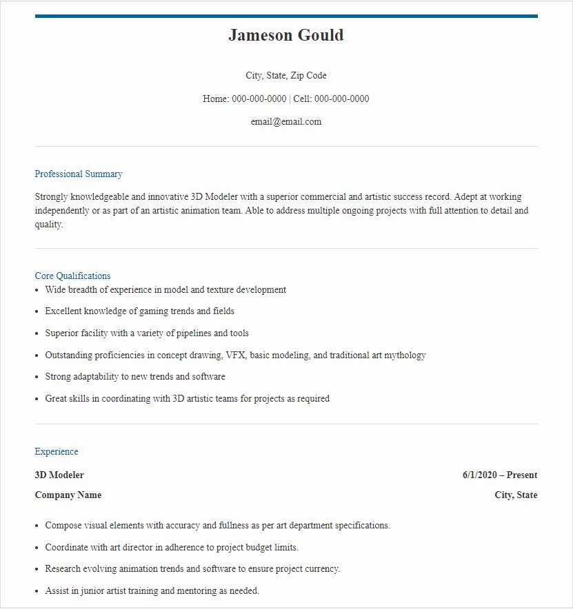 Live career 3d modeler resume templates